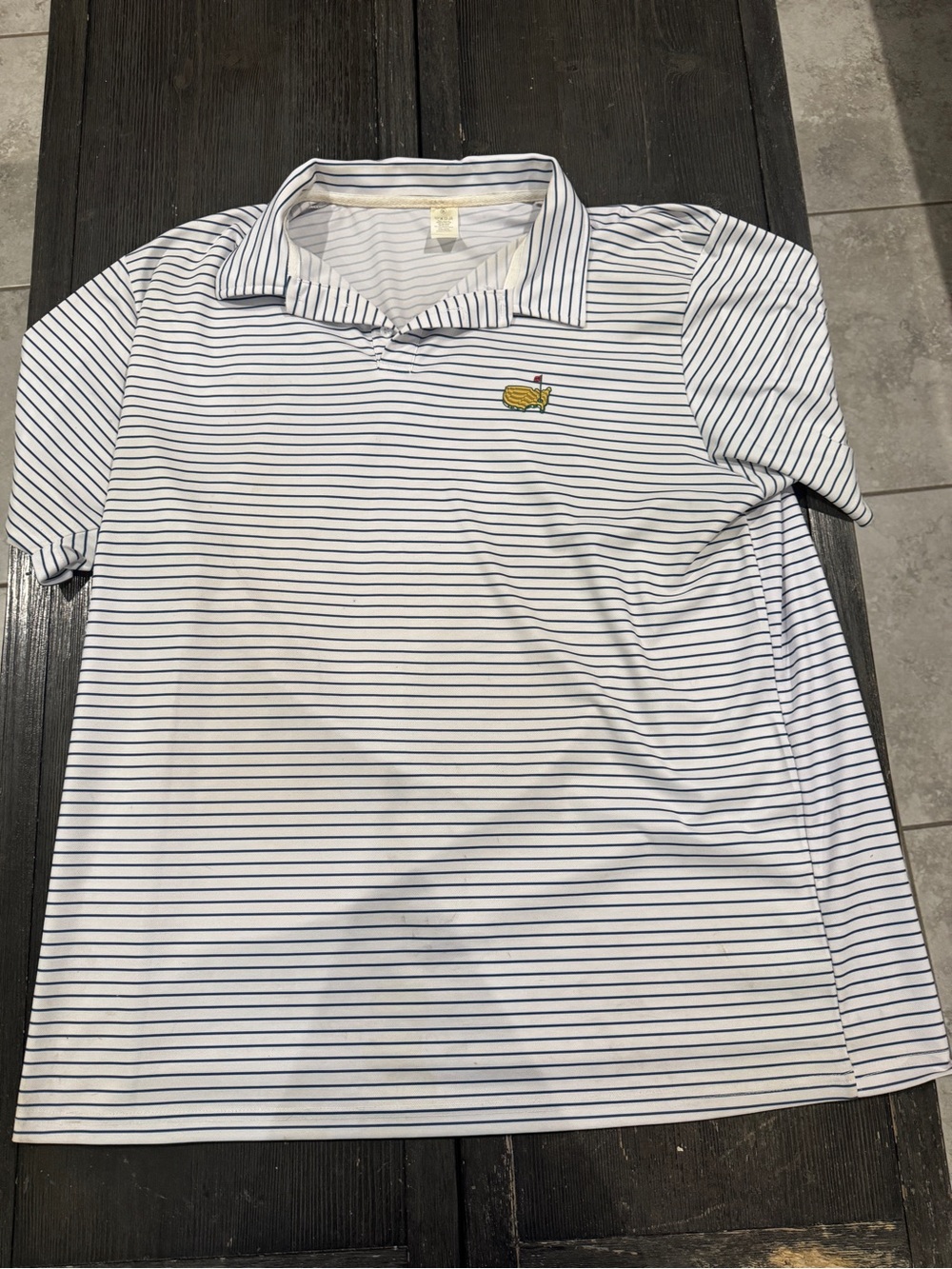 Masters White Polo with Navy Pinstripes and Yellow Logo
